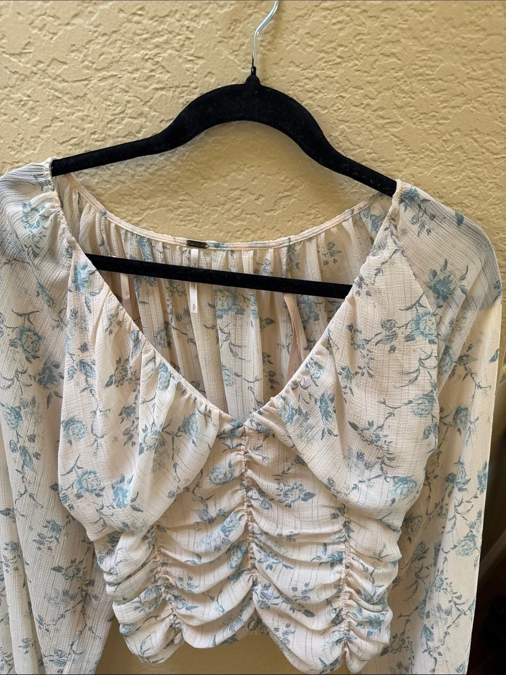 Free People Cream Top with Light Blue Floral Print